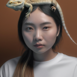 An asian girl with a bearded dragon on her head wearing a white t-shirt, hyperrealistic