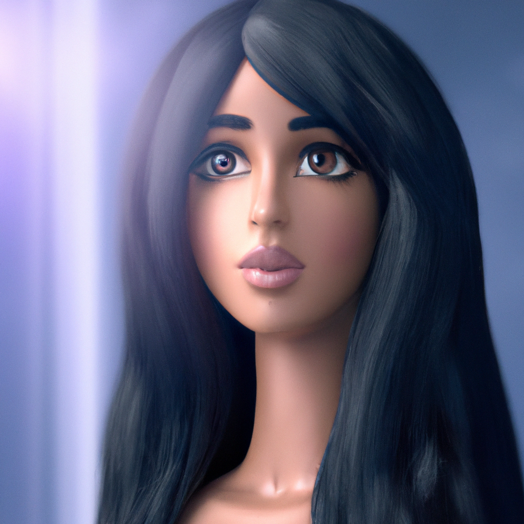 A beautiful woman in DreamWorks style portrait, straight black hair and hazel eyes