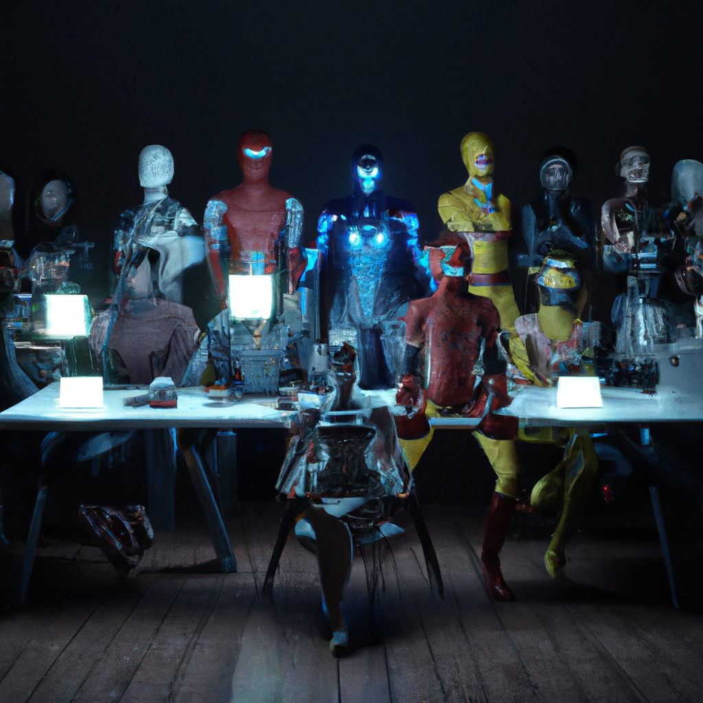 12 AI Powered Super Heros sitting at the table for a photo shoot, Hyper Realistic. 6 female and 6 male, simiing,