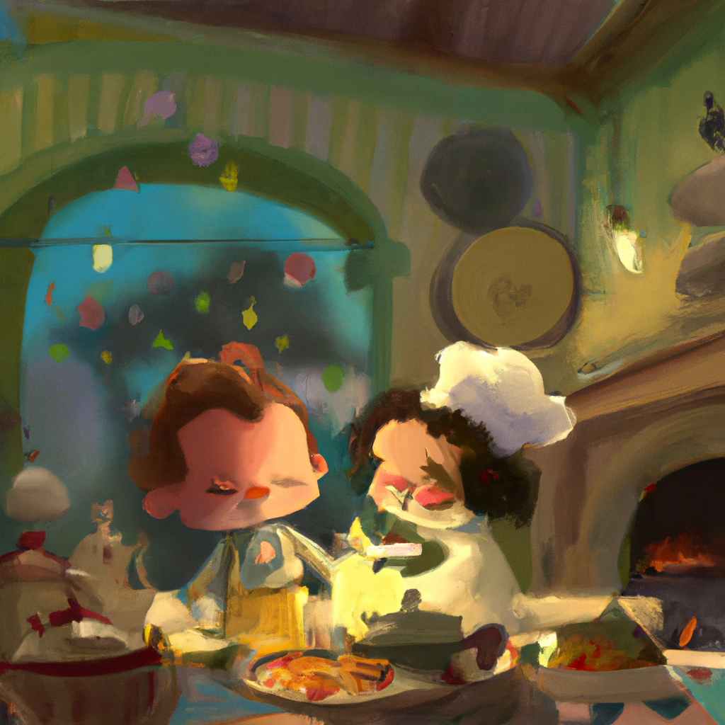 cinematográfico , dos pequeños chef en una gran cocina con muchos platos exquisitos y totalmnete hermosos