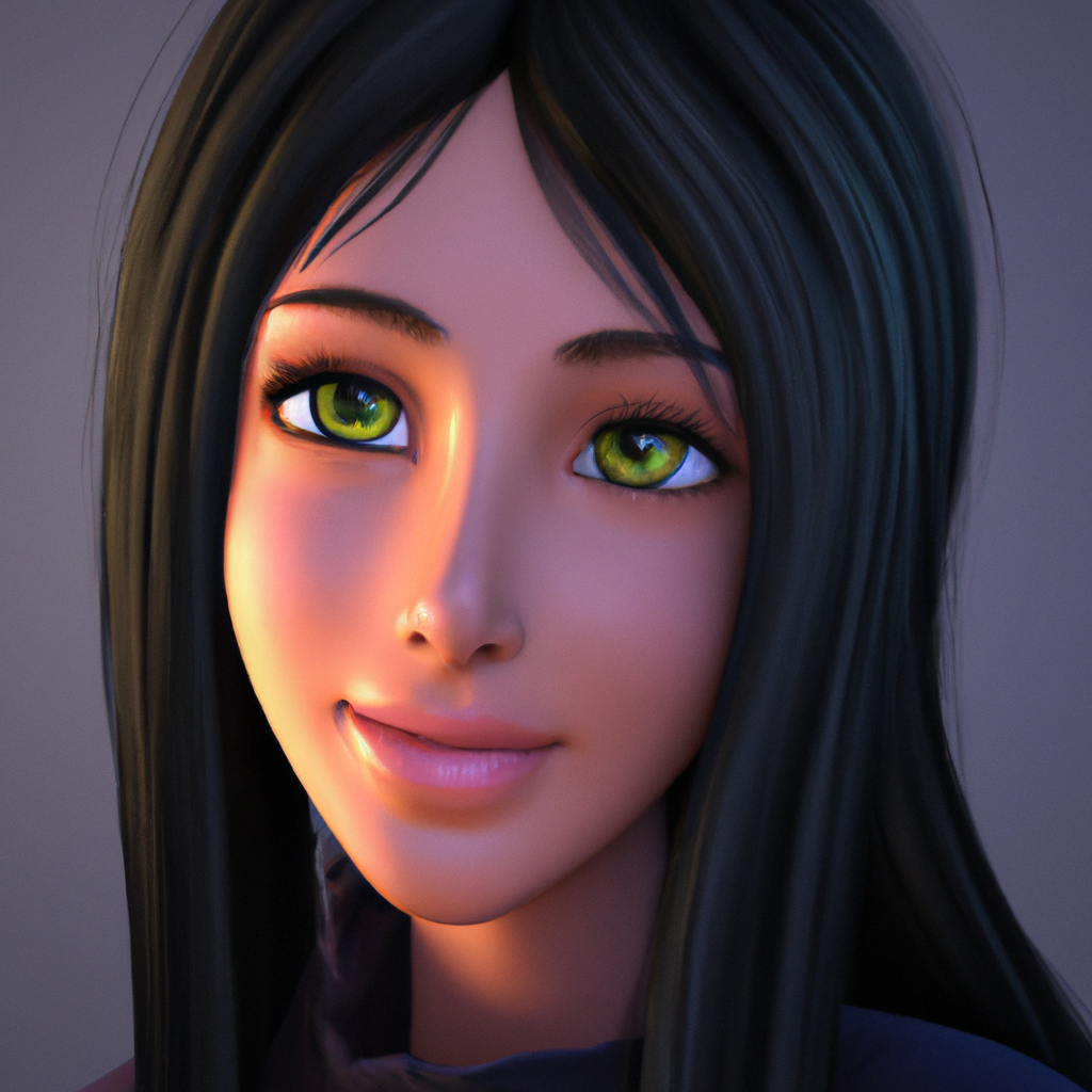 A beautiful woman in DreamWorks style portrait, straight black hair and hazel eyes