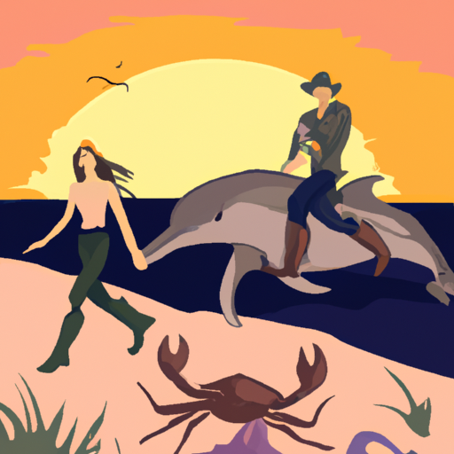couple walking at sunset near the ocean with a crab riding on a dolphine cowboy style in the background