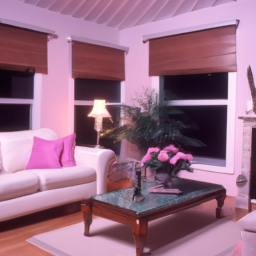 A ((( 1980s Penthouse Living Room))) furnished in pastels of pink, white, and lavender, evoking a (((Miami Vice at Night))) atmosphere
