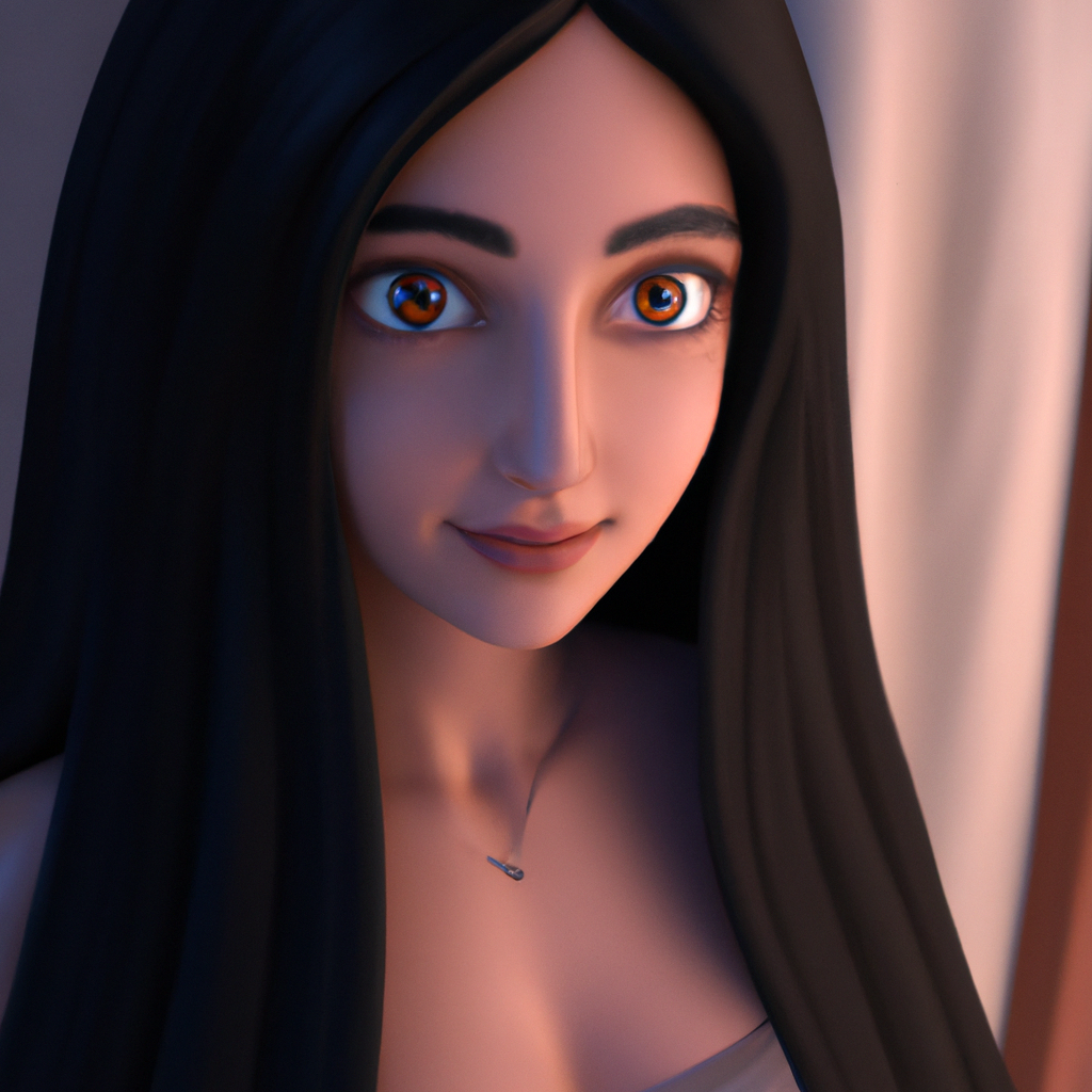 A beautiful woman in DreamWorks style portrait, straight black hair and hazel eyes