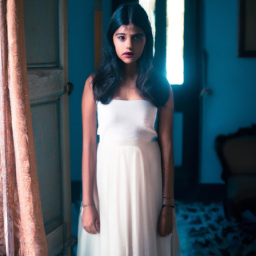 A 16 year old indian girl , standing confidently and facing the camera in a vintage mansion room, wearing a flowing dress made from sheer, fabric. The soft lighting emphasizes the artistic nature of the scene, with her expression showing a mix of surprise and curiosity, adding depth to the moment.