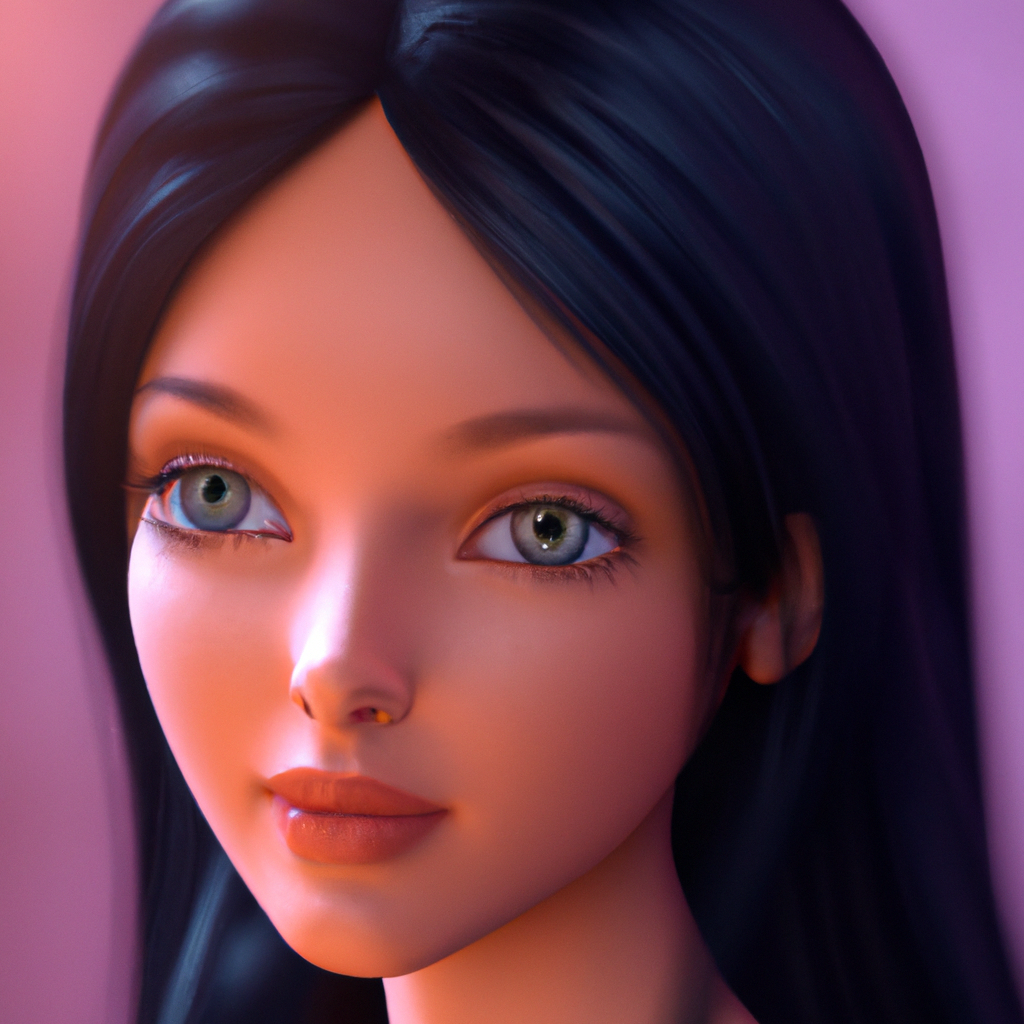 A beautiful woman in DreamWorks style portrait, straight black hair and hazel eyes