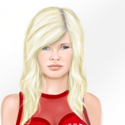 Create a image of a blonde girl with blue eyes wearing red two pieces bathing suit in a photorealistic style