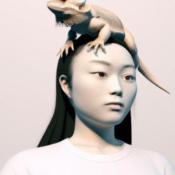 An asian girl with a bearded dragon on her head wearing a white t-shirt, hyperrealistic